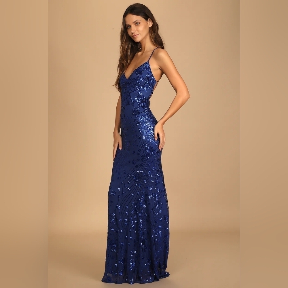 Lulus Photo Finish Royal Blue Sequin Lace-Up Maxi Dress Wedding Party Prom - Picture 3 of 11